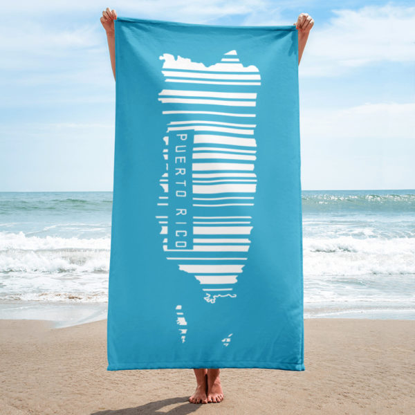 Puerto Rico Map Escaneame Barcode Beach Towel Teal Blue