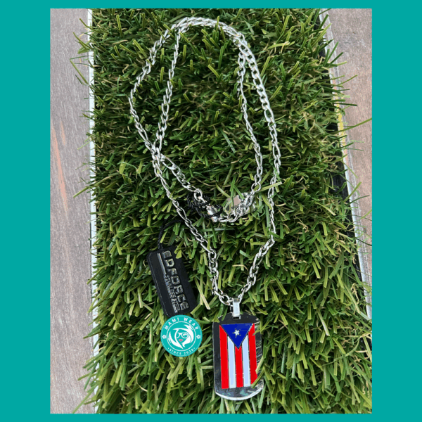 Puerto Rico Flag Necklace Silver Tone 24 Inch Stainless Steel