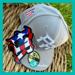 New Era Puerto Rico Gray 59FIFTY Fitted Hat Customized Flag + Sticker & Pin