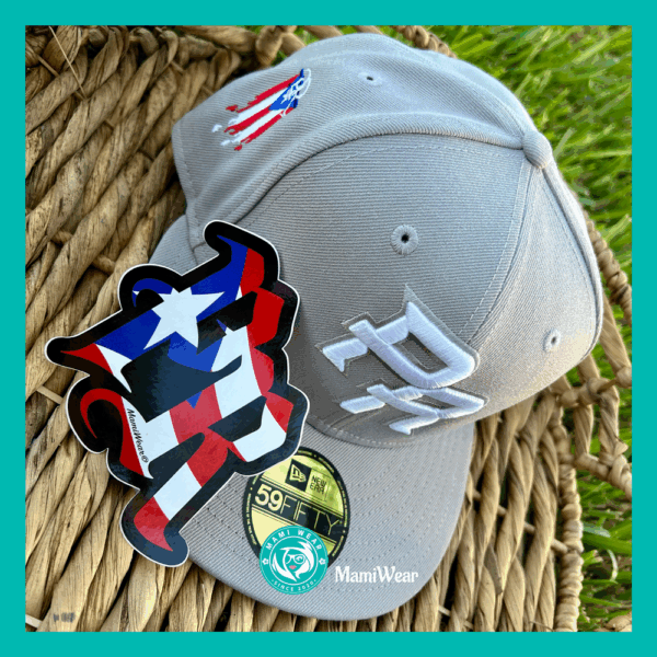 New Era Puerto Rico Gray 59FIFTY Fitted Hat Customized Flag + Sticker & Pin