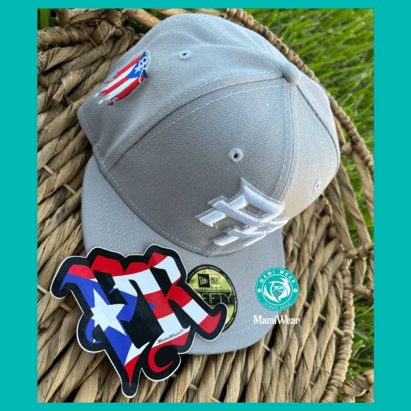 New Era Puerto Rico Gray 59FIFTY Fitted Hat Customized Flag + Sticker & Pin - Image 3