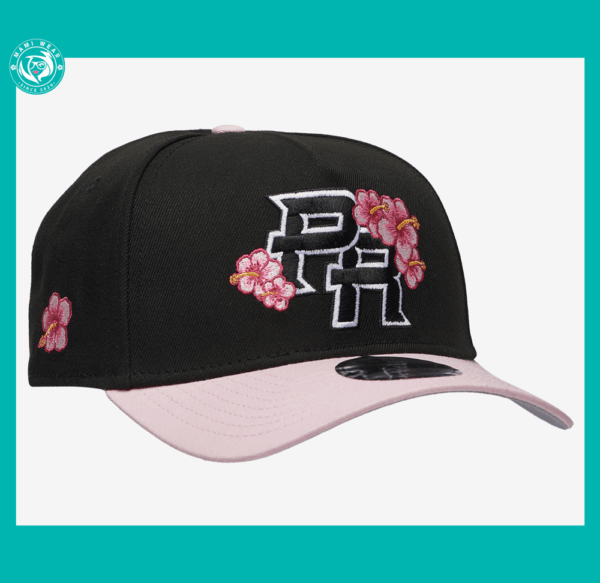 New Era Puerto Rico 9FORTY A-Frame Adjustable Hat Amapola Flower Black Pink + Sticker & Pin