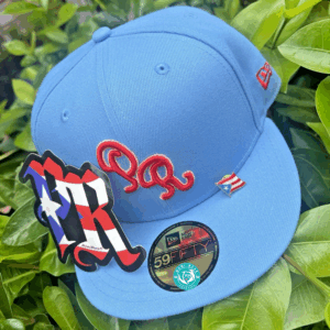 New Era Puerto Rico Sky Blue 59FIFTY Fitted Hat + Sticker & Pin