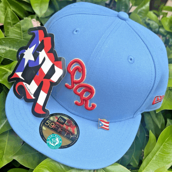 New Era Puerto Rico Sky Blue 59FIFTY Fitted Hat + Sticker & Pin - Image 2